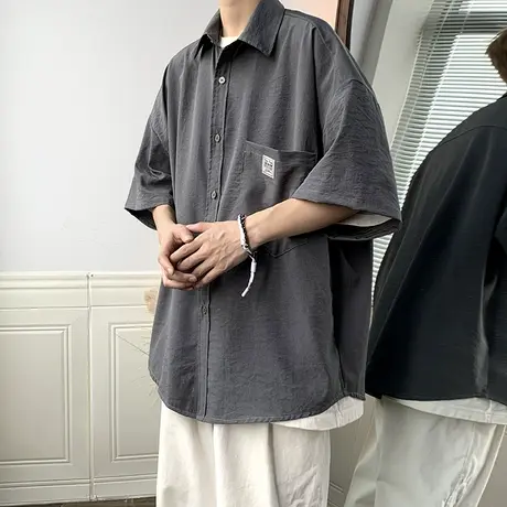 垂坠感薄款冰丝短袖衬衫男夏季潮流百搭工装衬衣胖子大码休闲外套图片