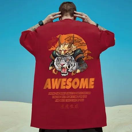 oversize欧美潮牌胖子男装加肥大码国潮宽松老虎短袖T恤潮流半袖商品大图