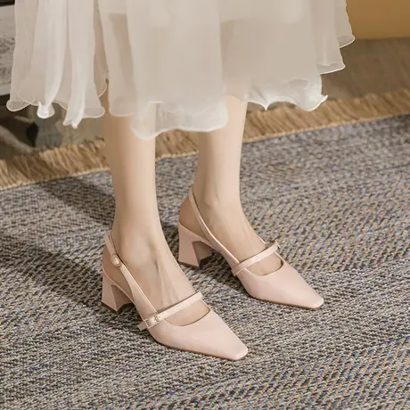 方头高跟鞋女粗跟2023年新款夏季浅口百搭仙女风一字带玛丽珍单鞋图片