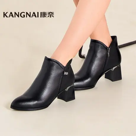 康奈女鞋春季简约真皮水染女靴高跟靴子舒适百搭女粗跟短靴低靴女商品大图