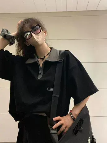 大码夏装新款半拉链POLO衫宽松遮肚短袖美式t恤女上衣200斤胖mm潮商品大图