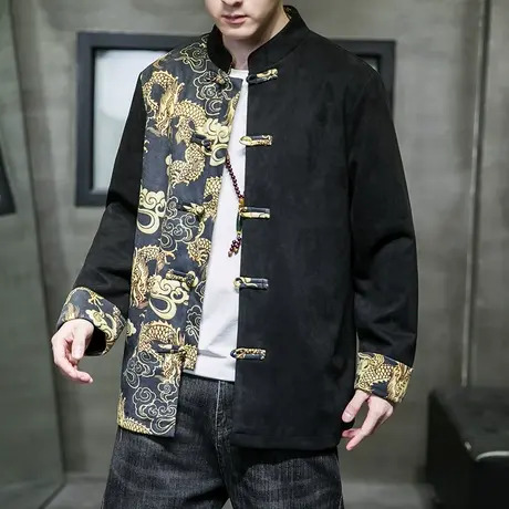 2022秋装龙纹印花中山装中国风男装中式唐装鹿皮绒夹克外套汉服男图片