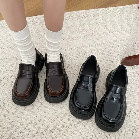 乐福鞋女2024秋冬季新款小个子厚底百搭单鞋复古法式粗跟小皮鞋潮商品大图