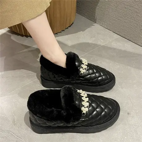 防水皮面单鞋女2024年秋冬新款一脚蹬加绒保暖雪地棉鞋珍珠毛毛鞋图片