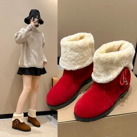 红色靴子女2024新款雪地靴女冬季加绒加厚保暖内增高棉鞋两穿短靴商品大图