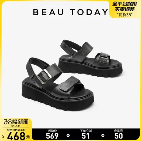 BeauToday厚底凉鞋女2024新款BT魔术贴罗马凉鞋复古真皮防滑凉拖图片