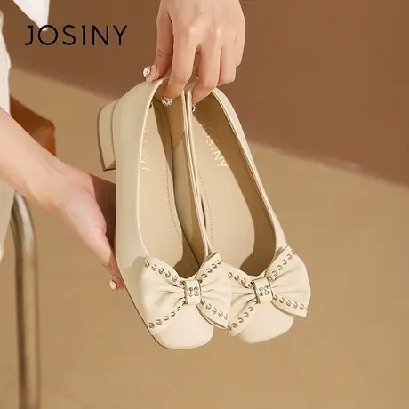 Josiny/卓诗尼蝴蝶结粗跟浅口单鞋女夏季2023新款配裙子法式船鞋图片