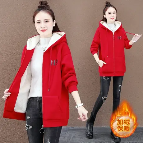 加绒卫衣外套女秋冬2023年新款时尚休闲连帽中长款加厚外衣开衫潮商品大图