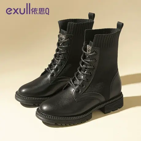 exull/依思Q黑色马丁靴女冬季2023新款英伦风加绒工装短靴子图片