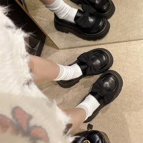 乐福鞋女2024春秋新款韩系百搭粗跟单鞋厚底小个子增高英伦小皮鞋商品大图