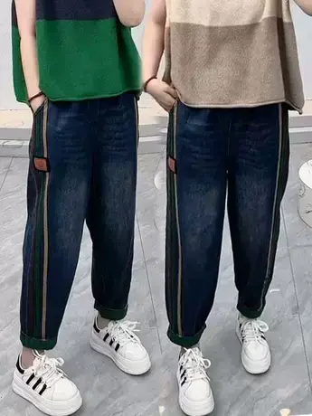 文艺复古牛仔哈伦裤女2023年秋季新款休闲百搭大口袋拼色老爹裤潮图片