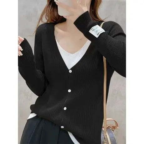假两件针织开衫女装2023秋季新款时尚修身上衣百搭休闲V领毛衣潮图片
