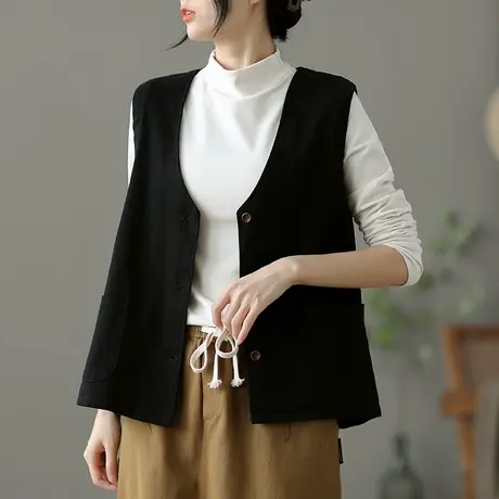 dza 文艺复古休闲短款马甲外套女士春秋新款宽松大码外搭马夹上衣图片