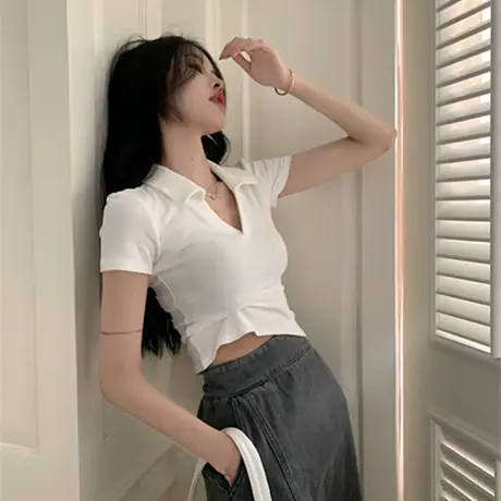 2023新款夏季v领设计感小众短款辣妹上衣polo领白色正肩短袖t恤女商品大图