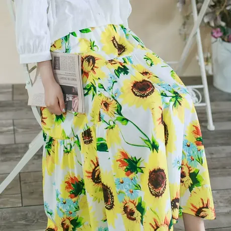 云子胖妹妹夏季2023新款复古加宽松紧腰不勒肚子向日葵半身裙商品大图