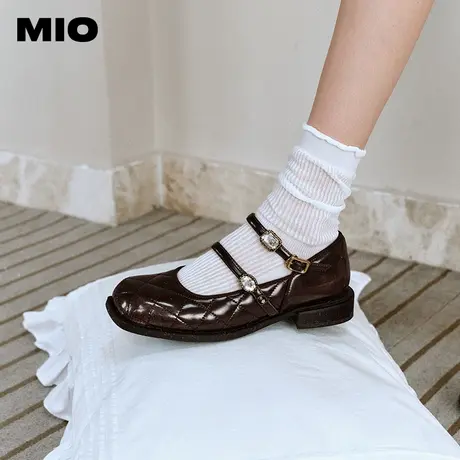 MIO米奥秋季方头低跟单鞋闪钻双条袢带复古时髦玛丽珍女鞋图片