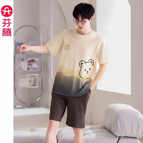 芬腾男睡衣夏季薄款纯棉短袖短裤套装青年休闲宽松大码全棉家居服商品大图