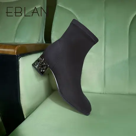 伊伴2022秋冬女靴加绒保暖瘦瘦靴大筒围绒面粗跟休闲短靴弹力袜靴图片