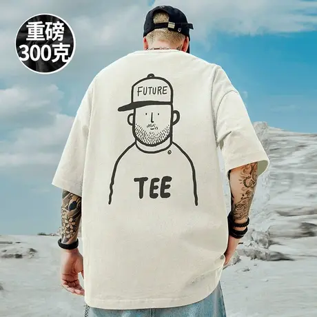 新款日系重磅美式潮牌宽松白色T恤胖子短袖加肥加大码男装半袖夏商品大图