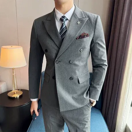 双排扣男士西服套装高级感商务正装休闲帅气婚礼主持人西装两件套图片