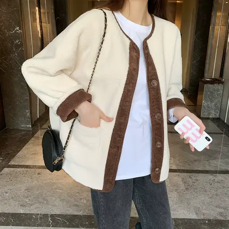 唐狮外套女美拉德小个子秋冬季新款加绒加厚仿羊羔绒毛毛上衣商品大图