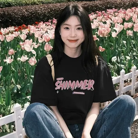 KWV真维斯黑色纯棉短袖t恤女夏半袖宽松大码上衣女2025新款爆款商品大图