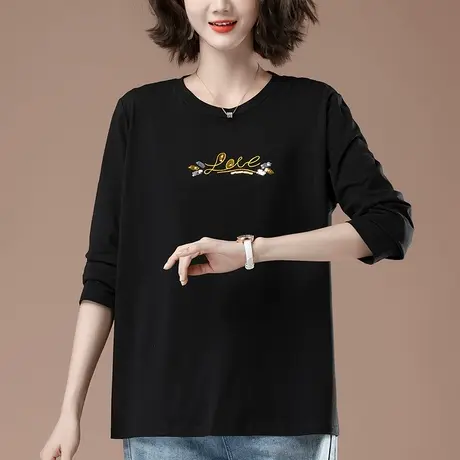 长袖t恤女春秋季加肥加大码女装中年妈妈宽松纯棉刺绣圆领打底衫商品大图