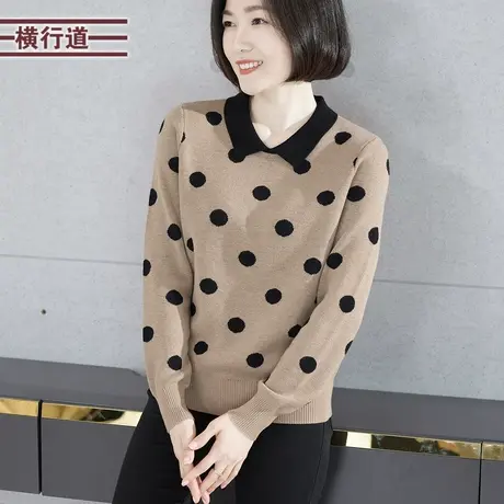 翻领波点长袖毛衣撞色宽松韩版显瘦大码妈妈2023新款冬装女针织衫商品大图
