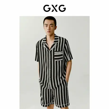 GXG男士家居服条纹印花短袖短裤睡衣男翻领夏季居家套装商品大图