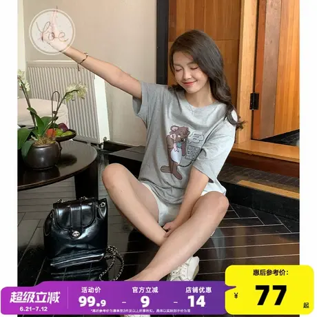 yoe灰色可爱小熊纯棉宽松短袖t恤女夏季新款小个子复古美式上衣潮图片