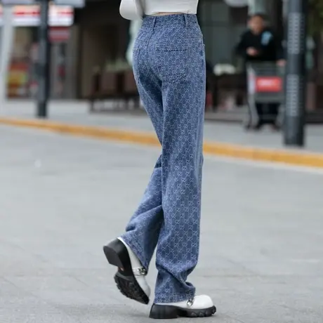 花纹提花牛仔裤女2023年新款印花潮流秋冬季裤子女直筒阔腿裤长裤商品大图