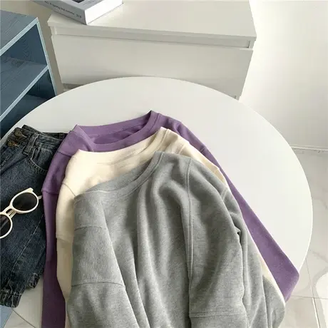 米妮棉后开叉短款圆领长袖卫衣女温柔紫色高腰美式短上衣外套女秋商品大图