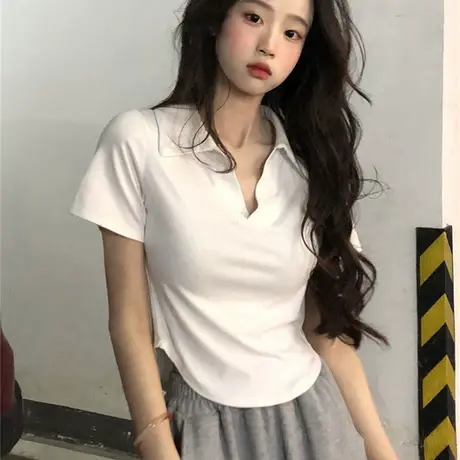 辣妹正肩短袖T恤女装夏季2023甜辣美polo设计感小众独特短款上衣商品大图
