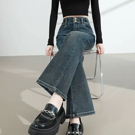 复古双扣牛仔裤女裤子微喇2025春秋季新款高腰显瘦修身百搭喇叭裤商品大图