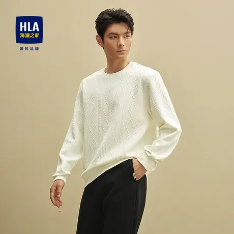 HLA/海澜之家微弹2025秋季新款圆领立体提花撞色皮革标卫衣上衣男图片