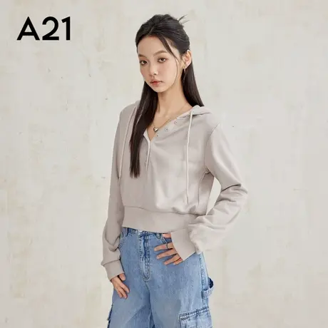 A21女装针织合体连帽平肩半开筒短款无绒底卫衣运动商品大图