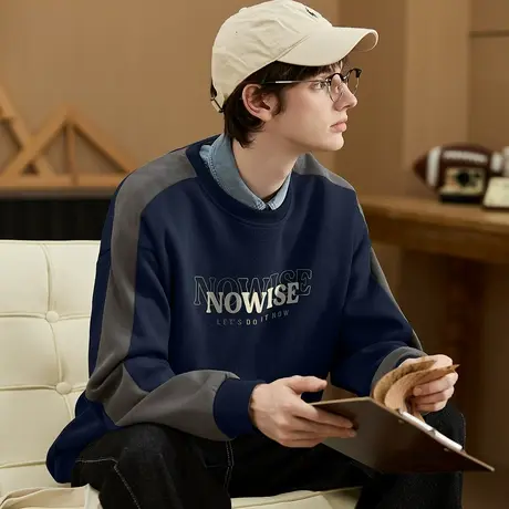 唐狮春秋季新款圆领卫衣男宽松撞色拼接插肩袖青少年上衣潮流tu图片