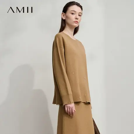 Amii2025秋新款极简纯色通勤套头落肩长袖毛织管珠绣毛衣女商品大图