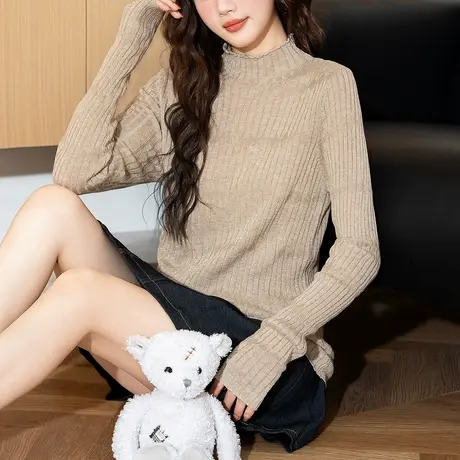 唐狮2024新款冬季半高领肌理内搭打底衫女金丝上衣美拉德穿搭薄款图片