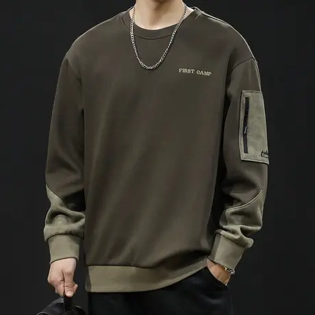 潮牌卫衣男秋冬款圆领男款重磅衣服秋季23新款长袖大码撞色麂皮绒商品大图