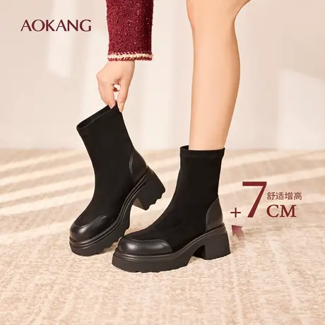 奥康 女鞋冬季弹力靴烟筒瘦瘦靴一脚蹬厚底增加显腿长短靴图片