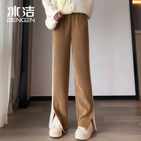 冰洁运动裤女开叉窄版阔腿裤棉绒撞色拼接2023春秋休闲直筒裤LBDS商品大图