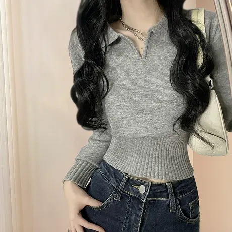 唐狮秋冬毛衣女简约风心机小V翻领套头小个子针织衫女潮流好看TA商品大图