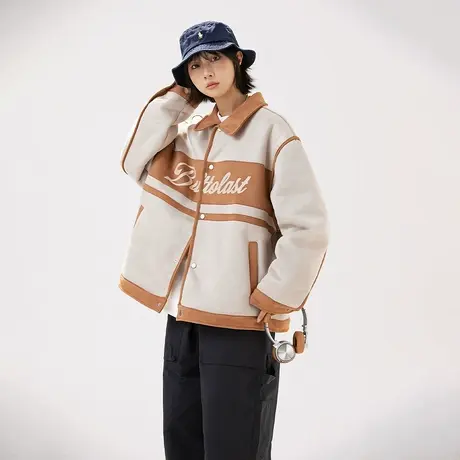 美式复古麂皮绒棉服女冬季羊羔毛外套2023新款潮牌宽松情侣装棉衣图片