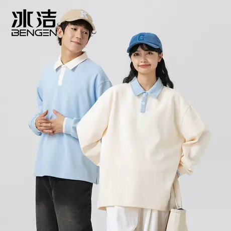 冰洁翻领POLO衫男女长袖潮牌上衣时尚宽松情侣装半开领卫衣BYBL商品大图