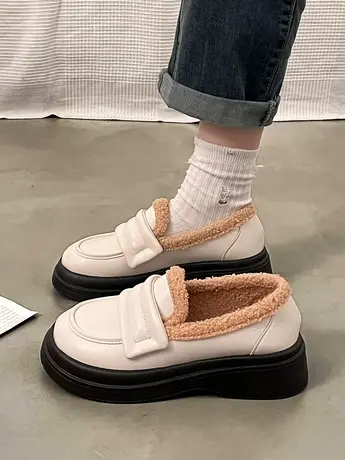 韩系百搭加绒小皮鞋女2023秋冬季新款英伦风一脚蹬松糕厚底乐福鞋商品大图