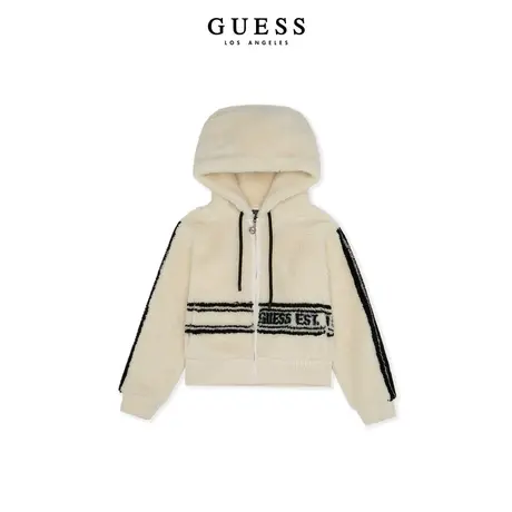 GUESS23年新款秋女士时尚毛绒拼接羊羔绒连帽开衫外套-YN4K3412商品大图