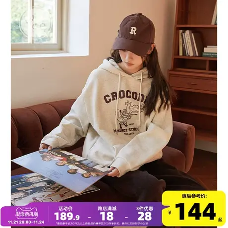 yoe美式复古连帽加厚加绒卫衣女秋冬款宽松新款灰色女装外套上衣图片