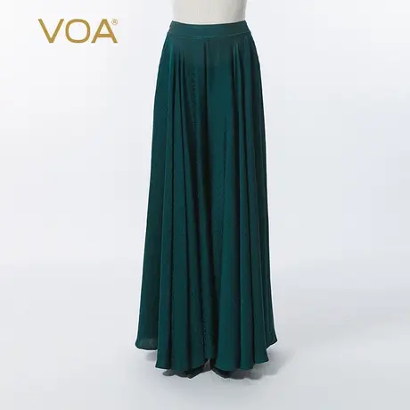 VOA真丝提花孔雀绿自然腰斜插口袋休闲清爽透气桑蚕丝阔腿裙裤图片