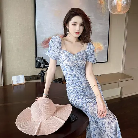 小清新印花荷叶边蓝色网纱连衣裙新款修身显瘦高级感减龄鱼尾裙女商品大图